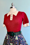 Burgundy Short Sleeve Pointelle Sweater with Rhinestone Buttons