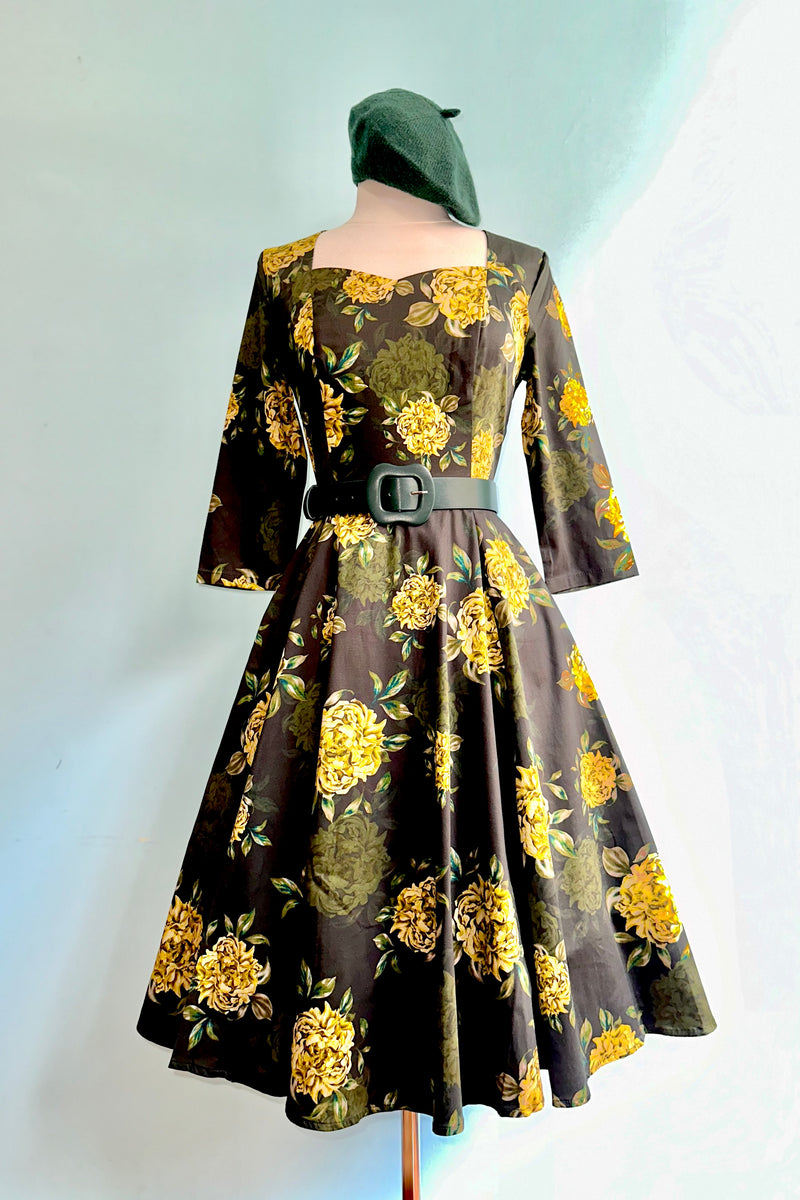 Black and Gold Floral Inez Dress by Hearts & Roses London