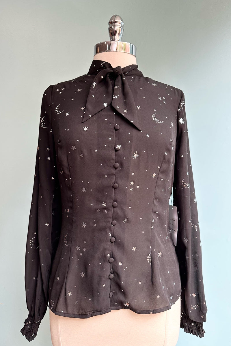 Black and Silver Star Long Sleeve Tie Neck Top