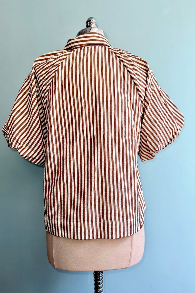 Pecan Stripe Button Down Balloon Sleeve Top