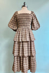 Brown Plaid Bubble Sleeve Square Neck Midi Dress