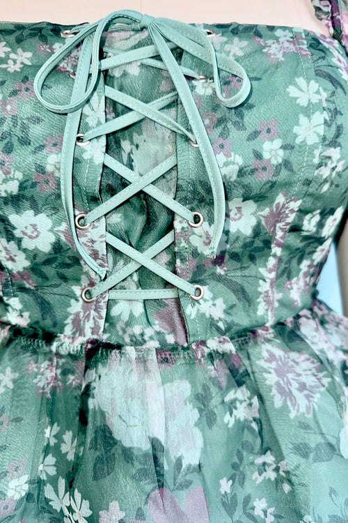 Green Floral Lace-Up Puff Sleeve Top
