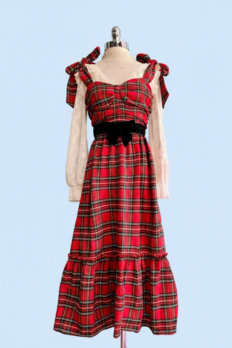 Red Plaid Tie Shoulder Midi Dress Large
