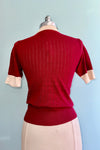 Burgundy Short Sleeve Pointelle Sweater with Rhinestone Buttons