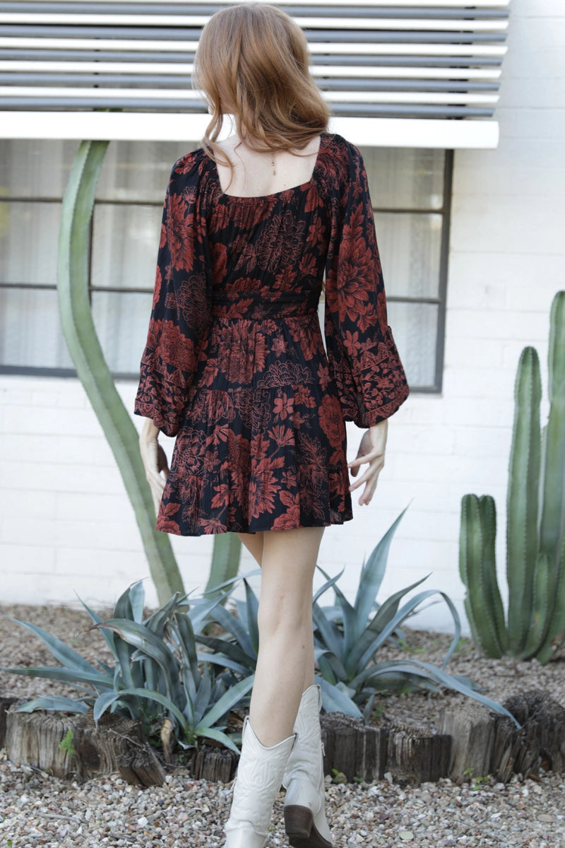 Burgundy and Black Floral Bell Sleeve Mini Dress by Angie – Modern Millie