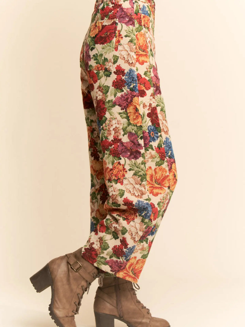 Floral Tapestry Barrel Leg Cropped Pants