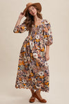 Charcoal Fall Floral Smocked Maxi Dress