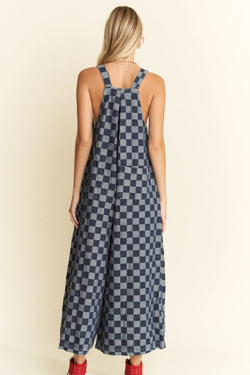 Checkerboard Denim Wide Leg Jumpsuit