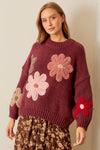 Burgundy Pullover Sweater with Large Flowers