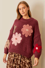 Burgundy Pullover Sweater with Large Flowers