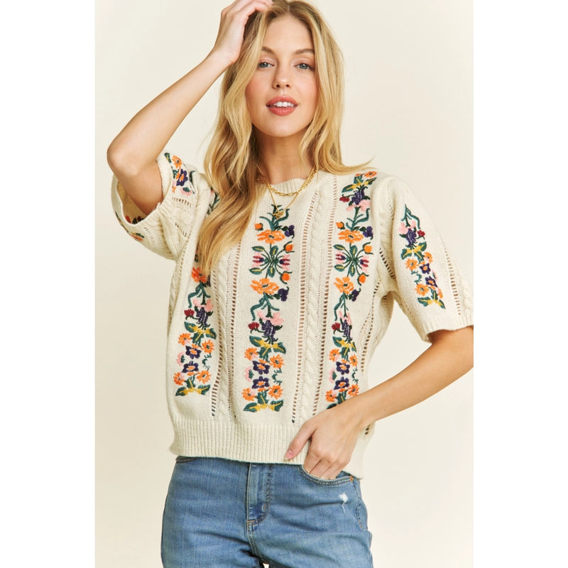 Ivory Embroidered Short Sleeve Sweater