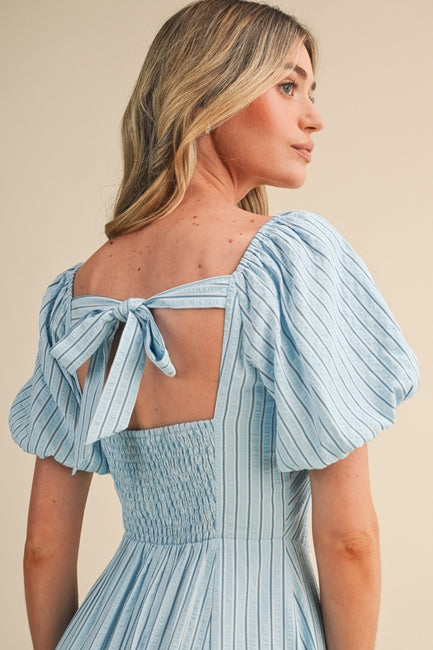 tie back puff sleeve midi dress Light Blue Puff Sleeve Tie Back Midi Dress – Modern Millie