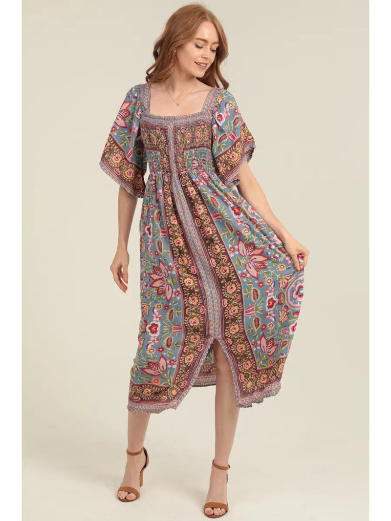 Ruffle Sleeve Boho Smocked Midi Dress