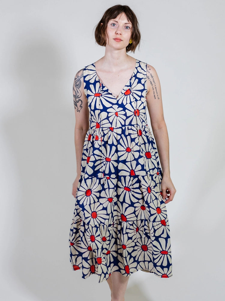 Navy Daisy Floral Thais Tiered Midi Dress by Mata Traders