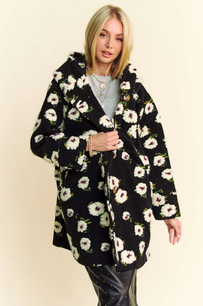 Black Hoodie Jacket with White Fluffy Flowers