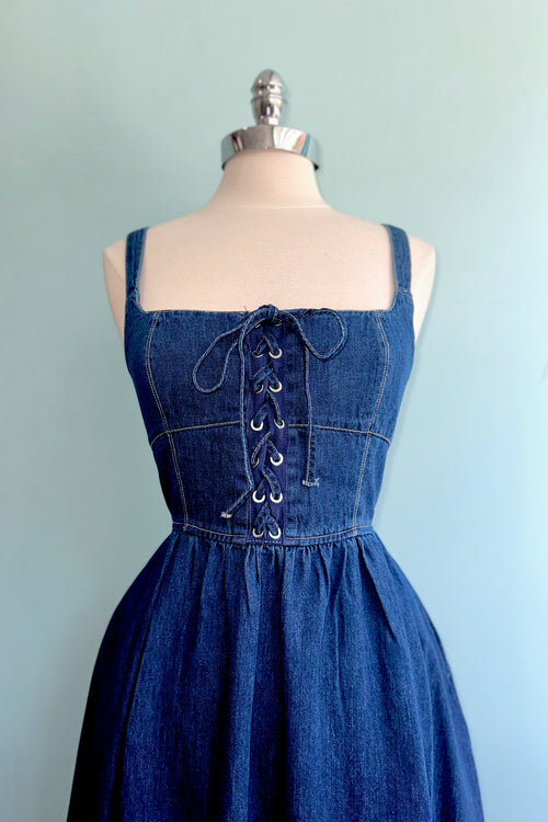 Lace Up Sleeveless Denim Midi Dress