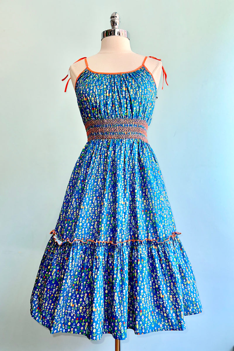 Turquoise Floral Smocked Waist Swing Dress