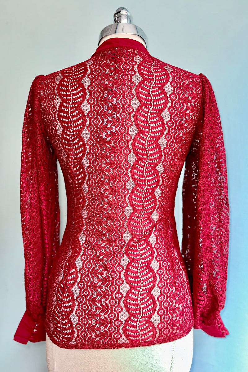 Burgundy Lace Tie-Neck Blouse