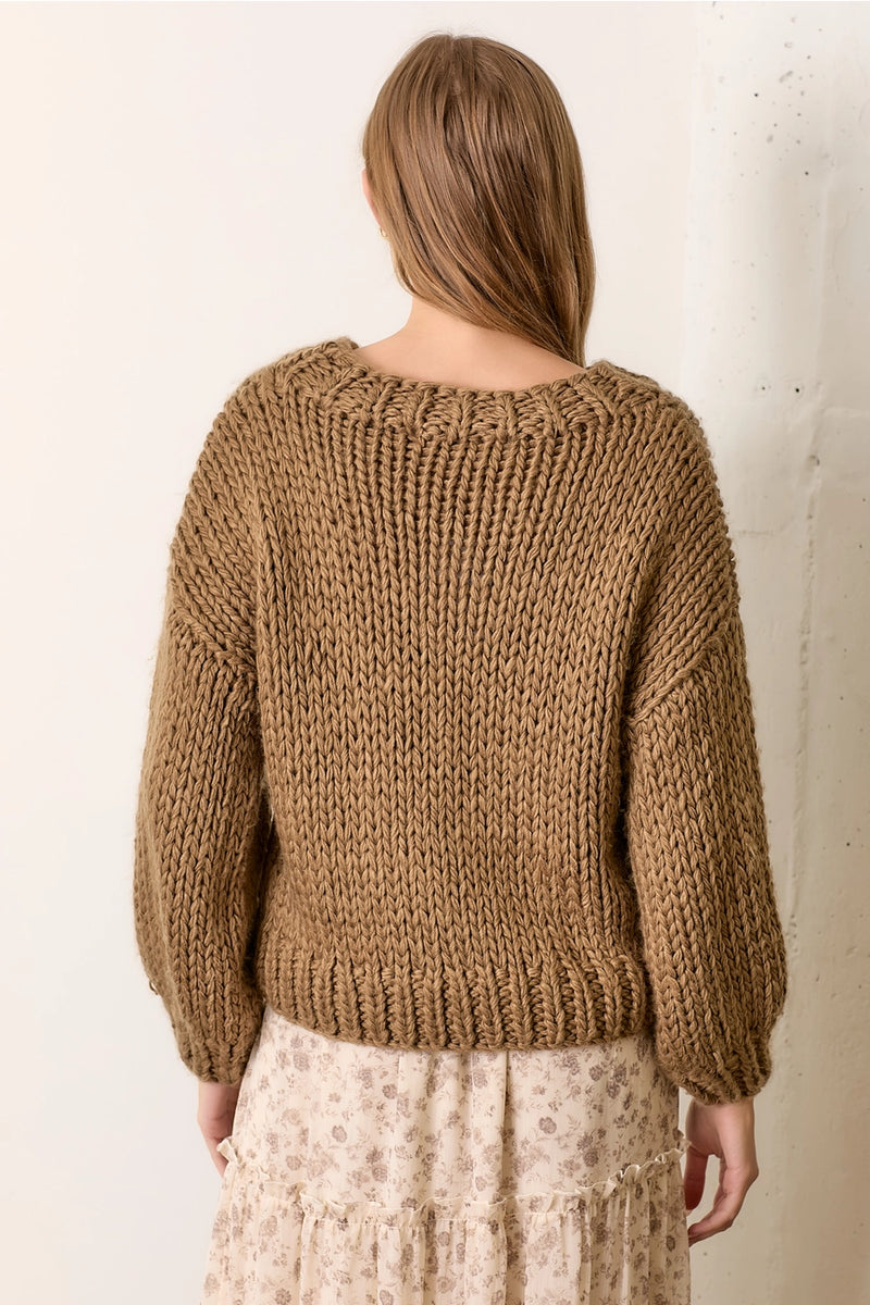 Taupe Pullover Sweater with Embroidered Flowers