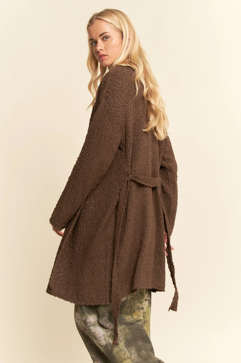 Brown Long Boucle Belted Open Cardigan