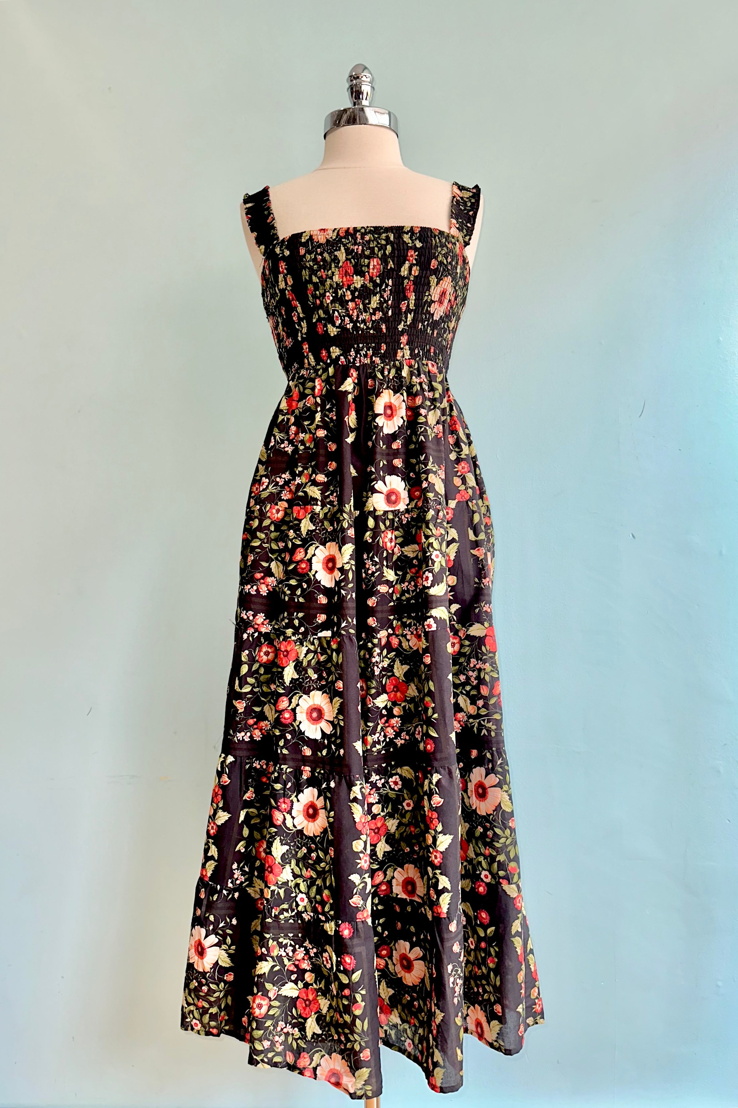 black floral smocked midi dress Black Floral Smocked Midi Dress PinkBlush