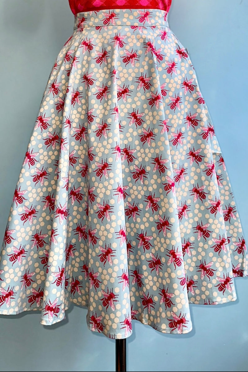 Pink and Light Blue Bee and Honeycomb Full Skirt by Eva Rose