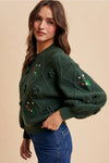 Green Embroidered and Rosette Pullover Sweater