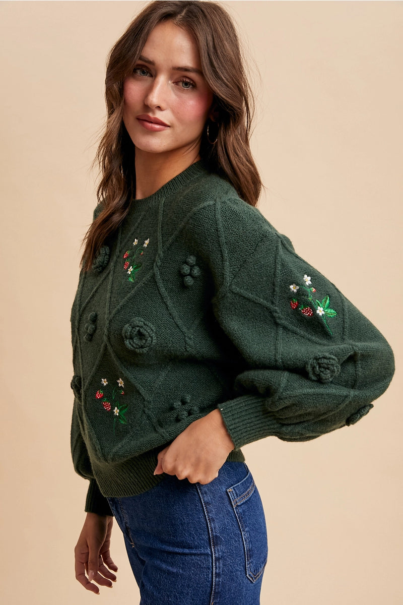 Green Embroidered and Rosette Pullover Sweater