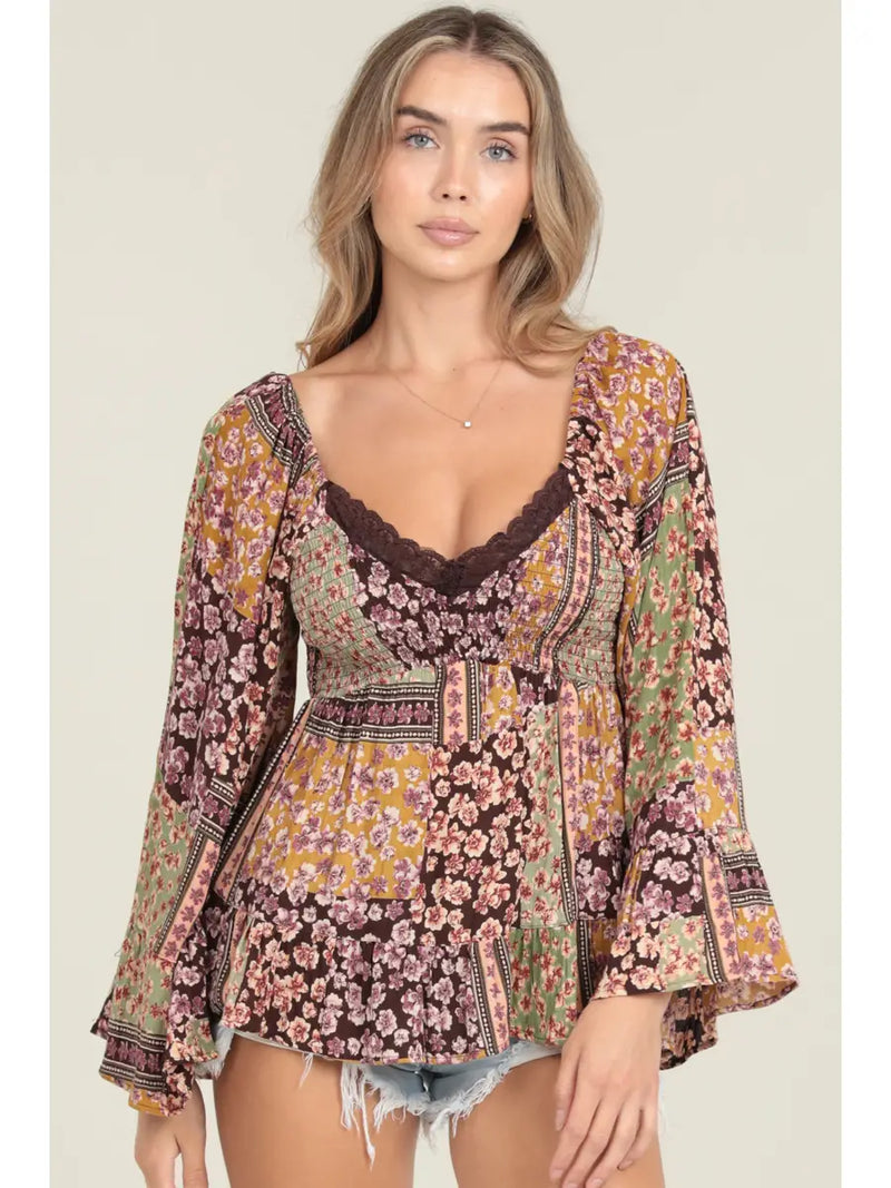 Patchwork Bell Sleeve Tunic Top by Angie