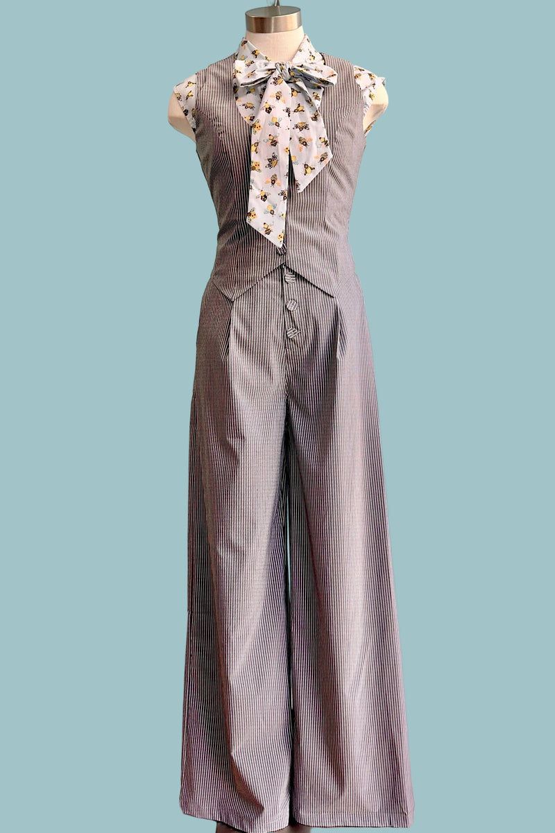 Grey Pinstripe High Waisted Suspender Pants by Voodoo Vixen