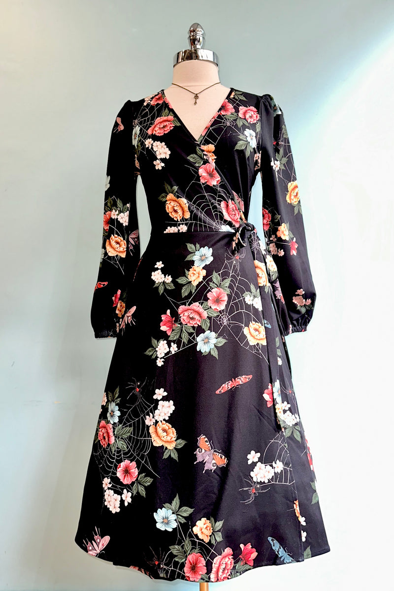 Floral Moth and Web Midi Wrap Dress by Voodoo Vixen Small Floral Moth and Web Midi Wrap Dress by Voodoo Vixen Small