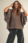 Brown Vintage Washed V-Neck Hoodie Sweatshirt