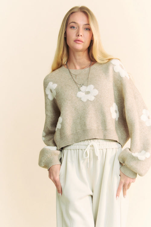 Tan Floral Long Sleeve Sweater