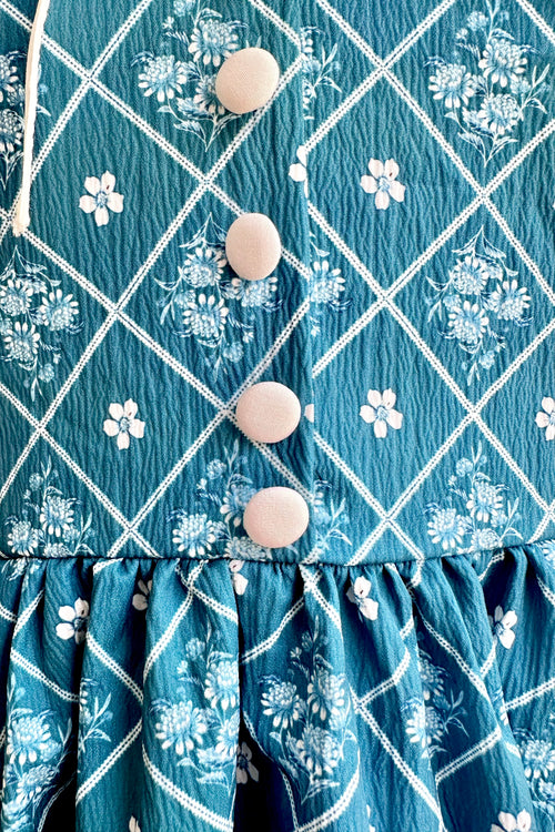 French Country Puff Sleeve Dress in Blue