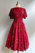 Red and Gold Star Flutter Sleeve Dress