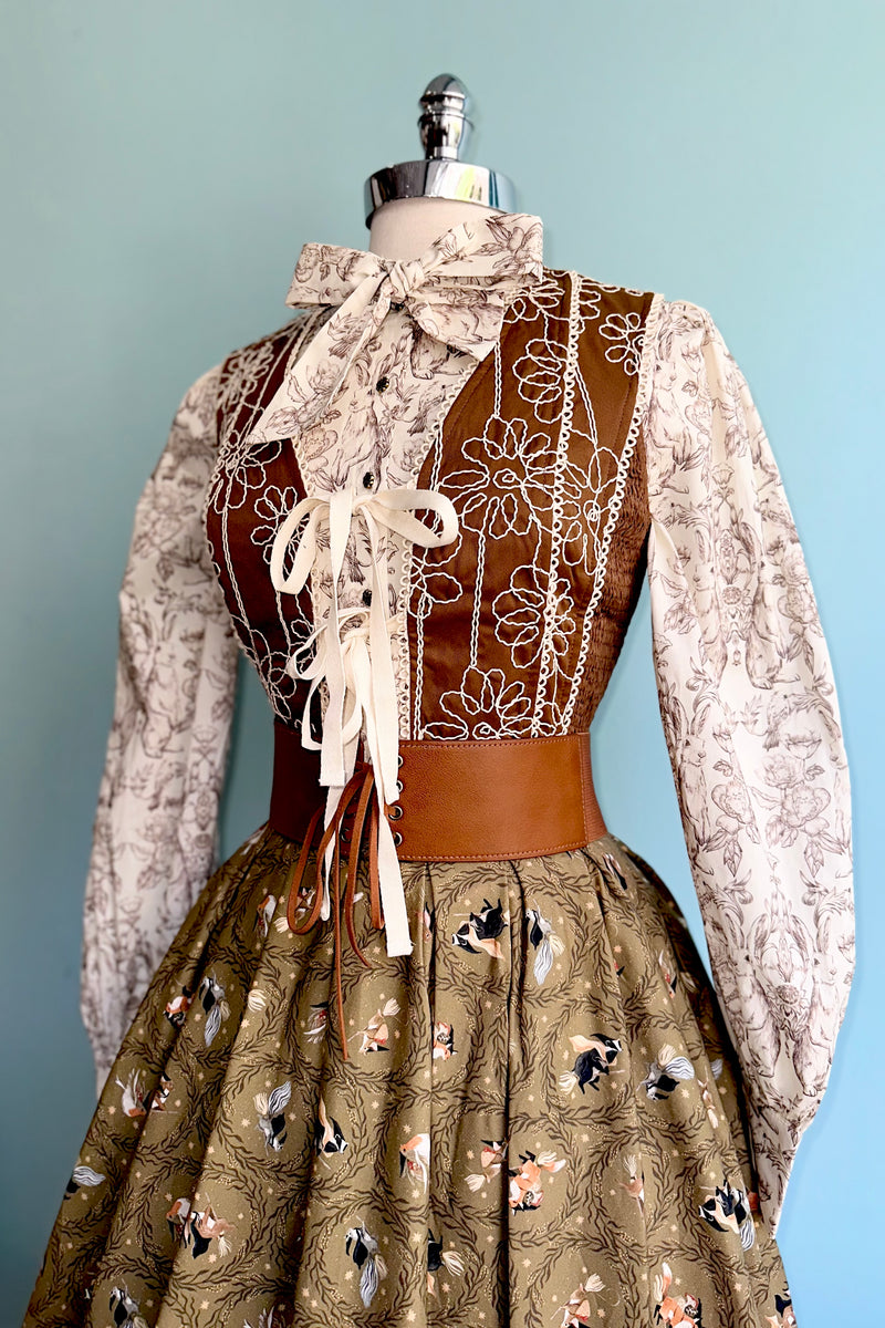 Brown Embroidered Tie Front Vest