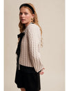 Vintage Cable Knit Cardigan with a Velvet Bow