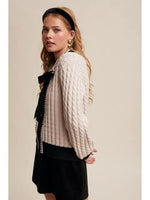 Vintage Cable Knit Cardigan with a Velvet Bow