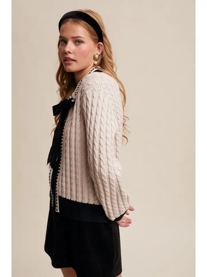 Vintage Cable Knit Cardigan with a Velvet Bow