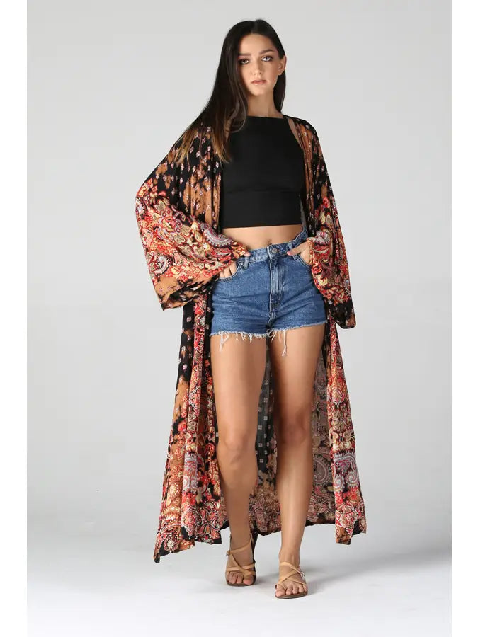 Bleached Tie Dye Printed Duster Top in Black by Angie