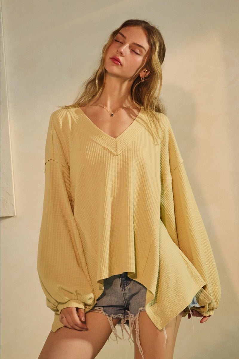 Yellow Textured Balloon Sleeve Top