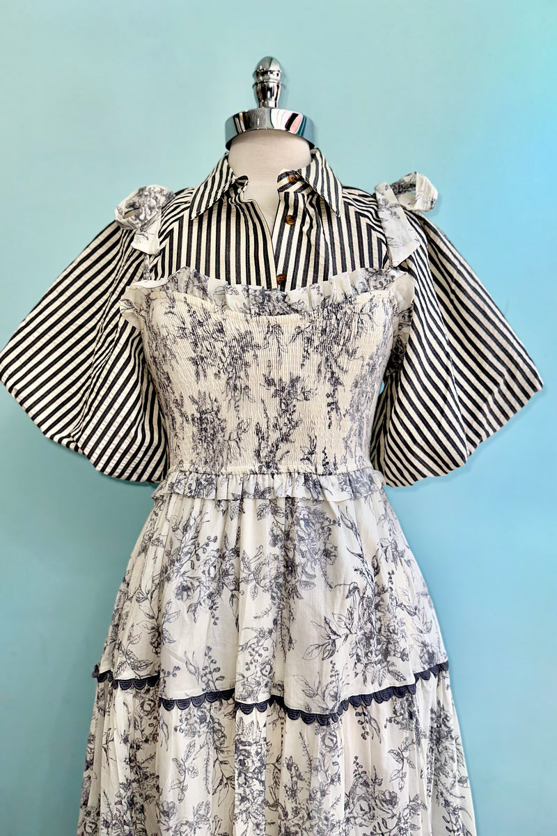 Charcoal and White Toile Smocked Midi Dress