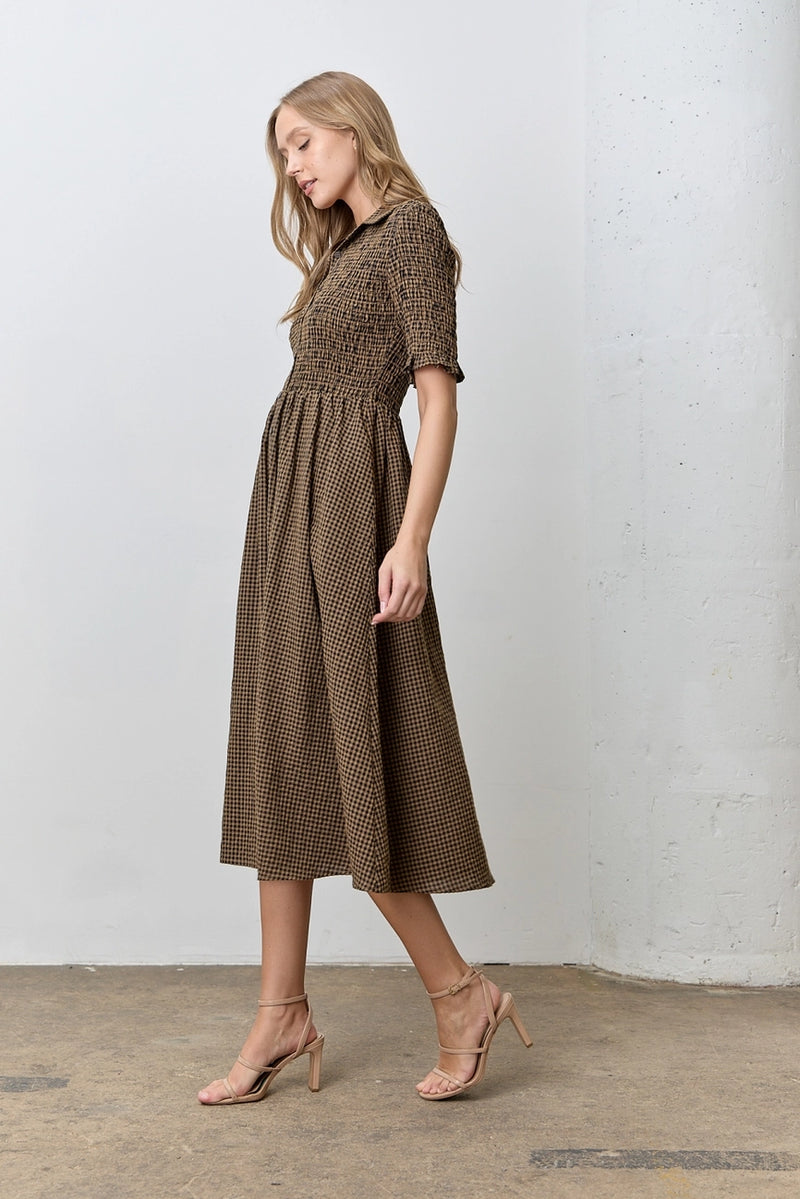Navy and Brown Gingham Midi Dress