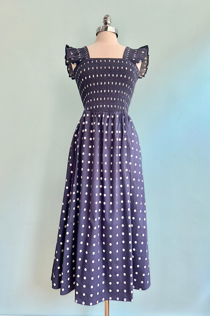 Navy Polka Dot Smocked Xemeni Midi Dress by Timeless London  Modern Millie