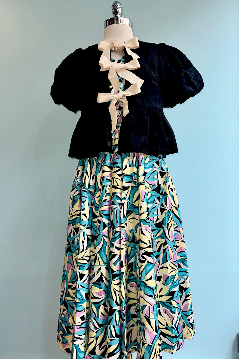Bow Tie Floral Puff Sleeve Top in Black