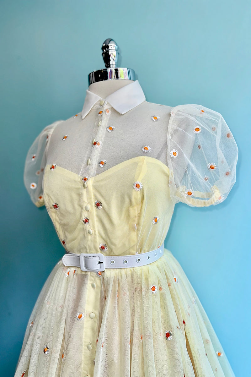 Yellow Daisy Mesh Shirt Dress