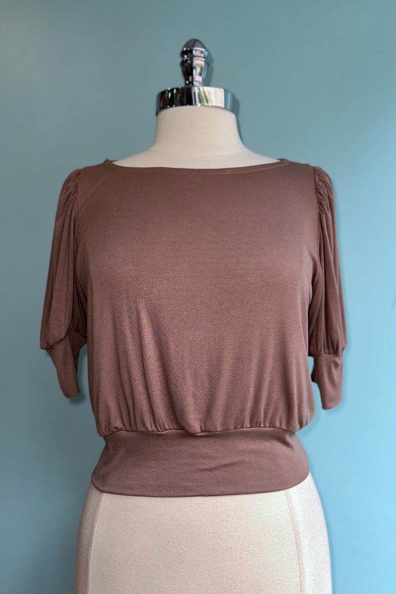 Mocha Soft Puff Sleeve Crop Top