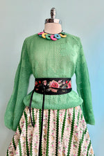 Open Knit Flower Sweater in Green