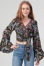 Wrap Top in Black and Lavender with Bell Sleeves by Angie