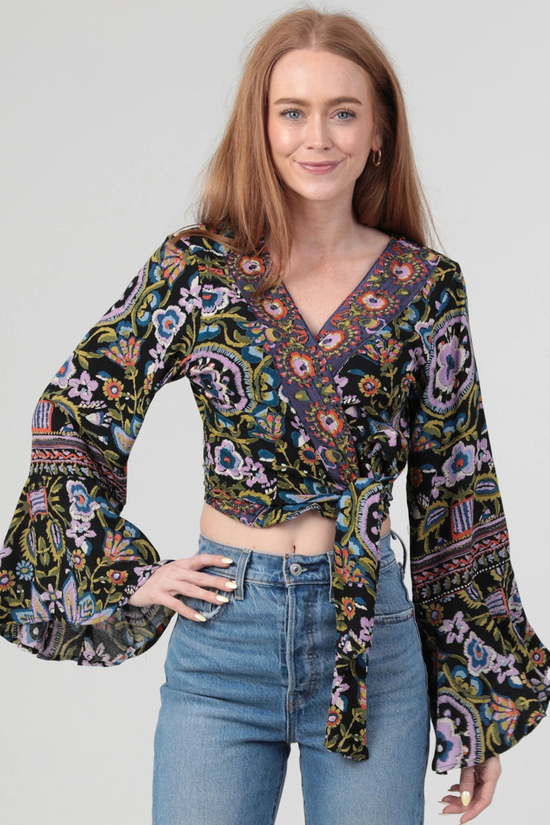 Wrap Top in Black and Lavender with Bell Sleeves by Angie
